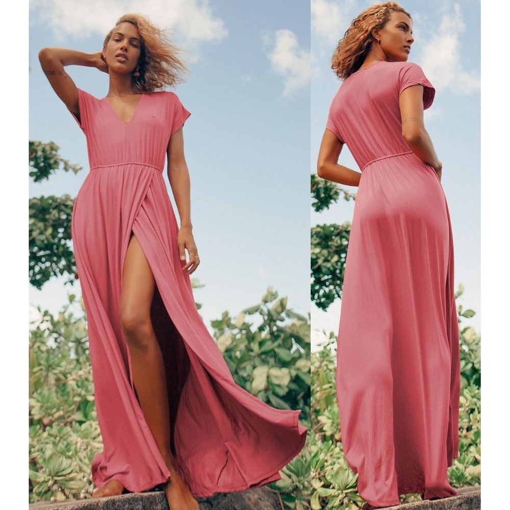 Lulus Easy for Me Rusty Rose Short Sleeve Maxi Dress 44558 Medium